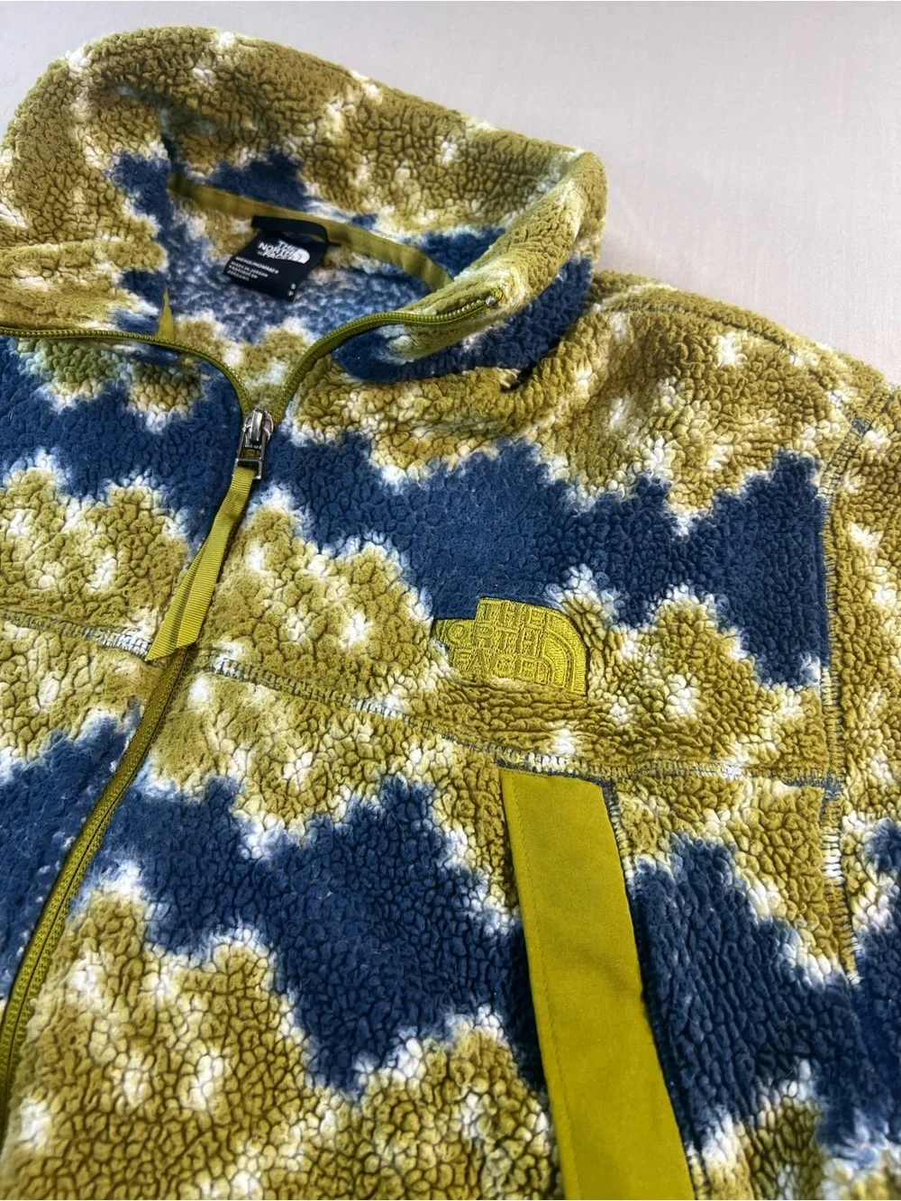 The North Face Sherpa Fleece Jacket Men’s Small Blue Green Full Zip Print Fleece